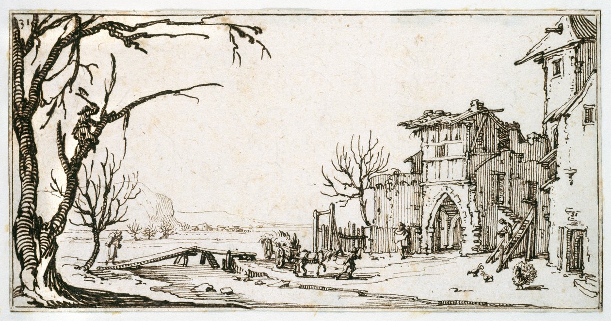 En høve blir brakt til middelalderporten til en landsby, en mann som klipper en gren, fra et album som tilhører Israel Silvestre, ca. 1630 (penn og blekk på papir) av Jacques Callot