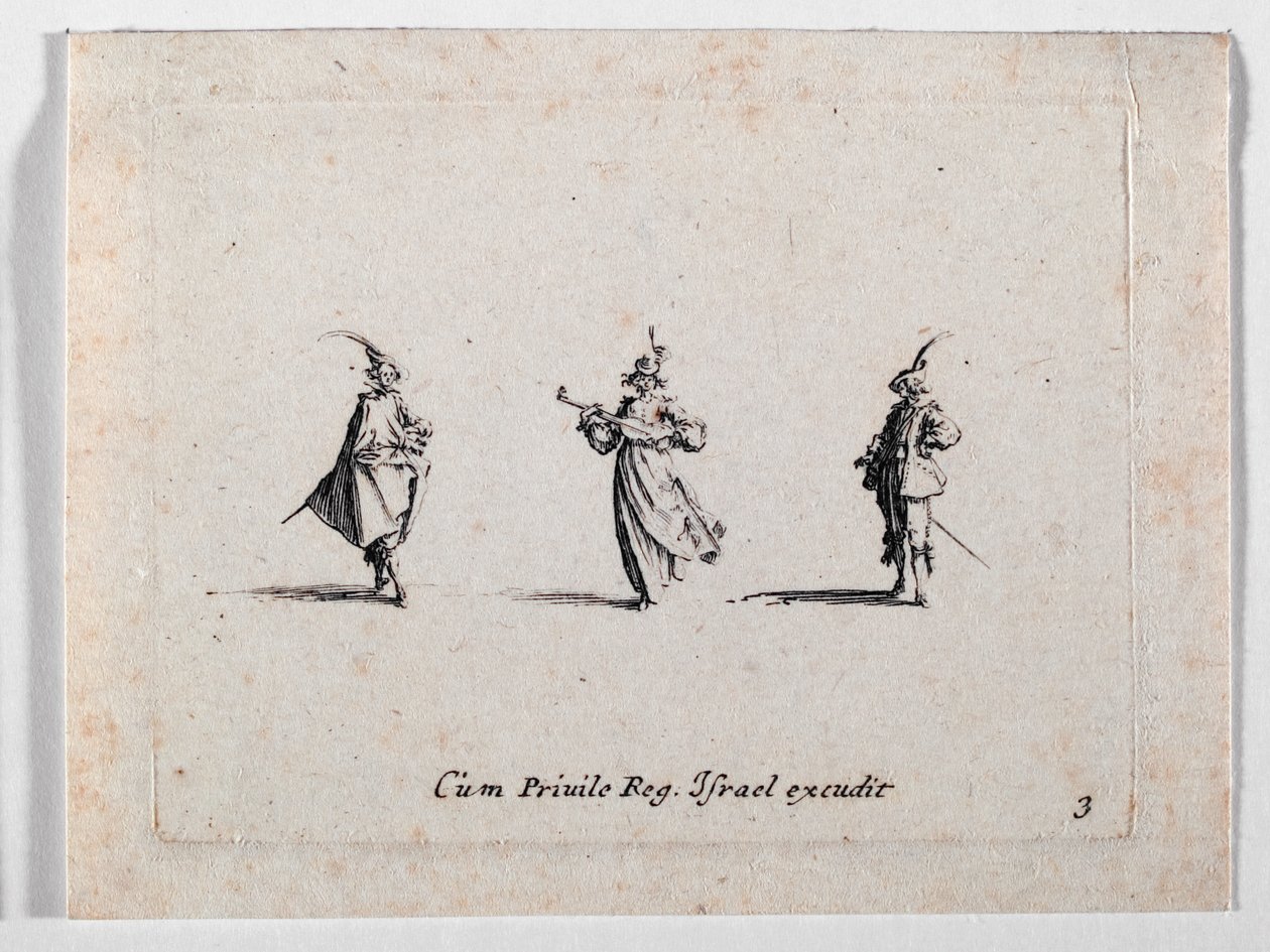 En dame som lager musikk og to kavalerer, fra … (gravering) av Jacques Callot
