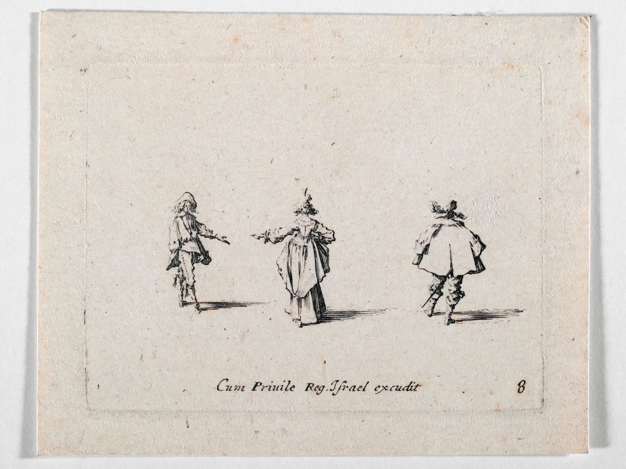 En dame med utstrakt hånd, sett bakfra, og to kavalerer, fra Les Fantaisies de Noble J. Callot … (gravering) av Jacques Callot