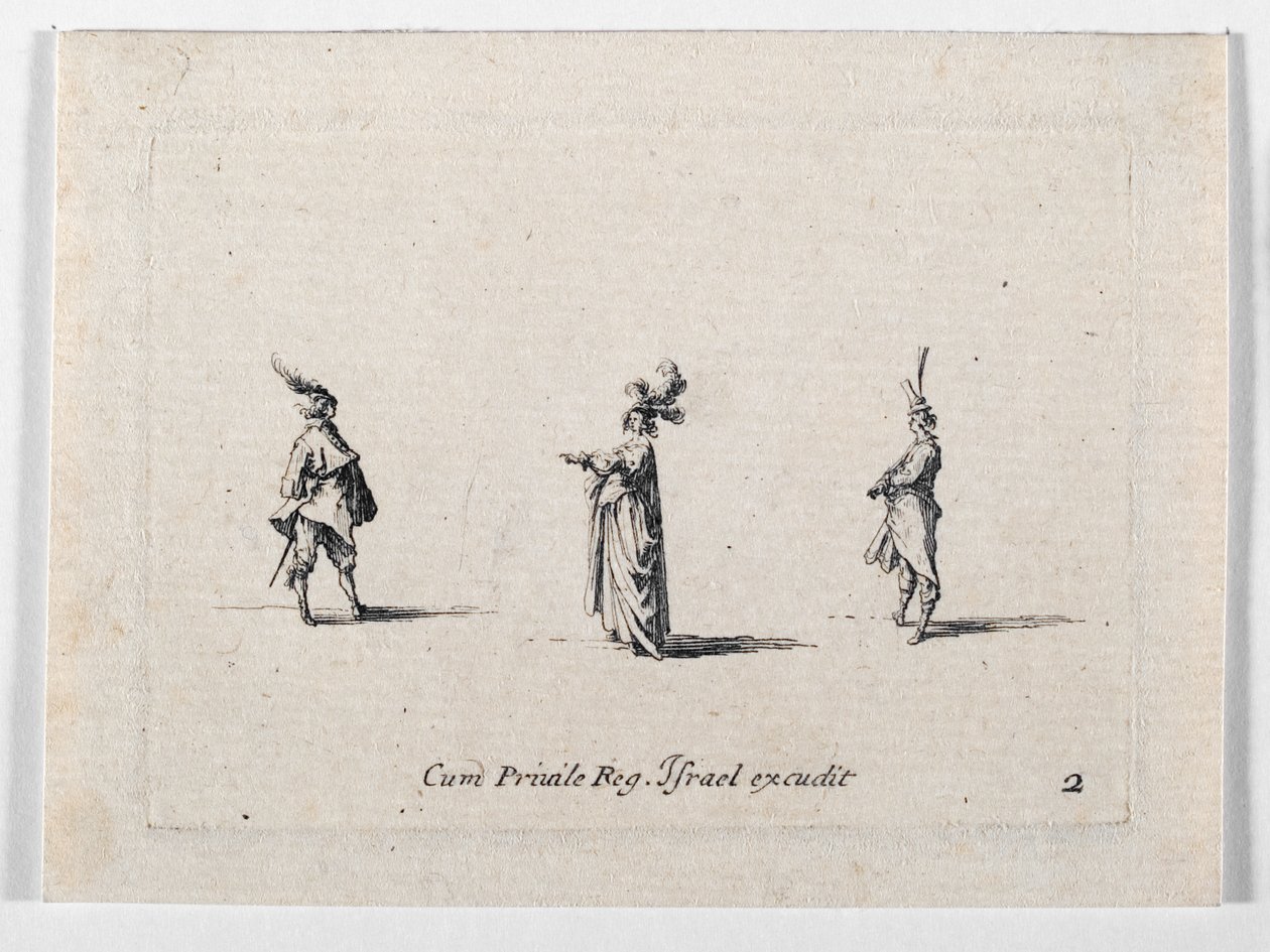 En dame med fjærprydet hatt og to kavalerer, fra … (gravering) av Jacques Callot