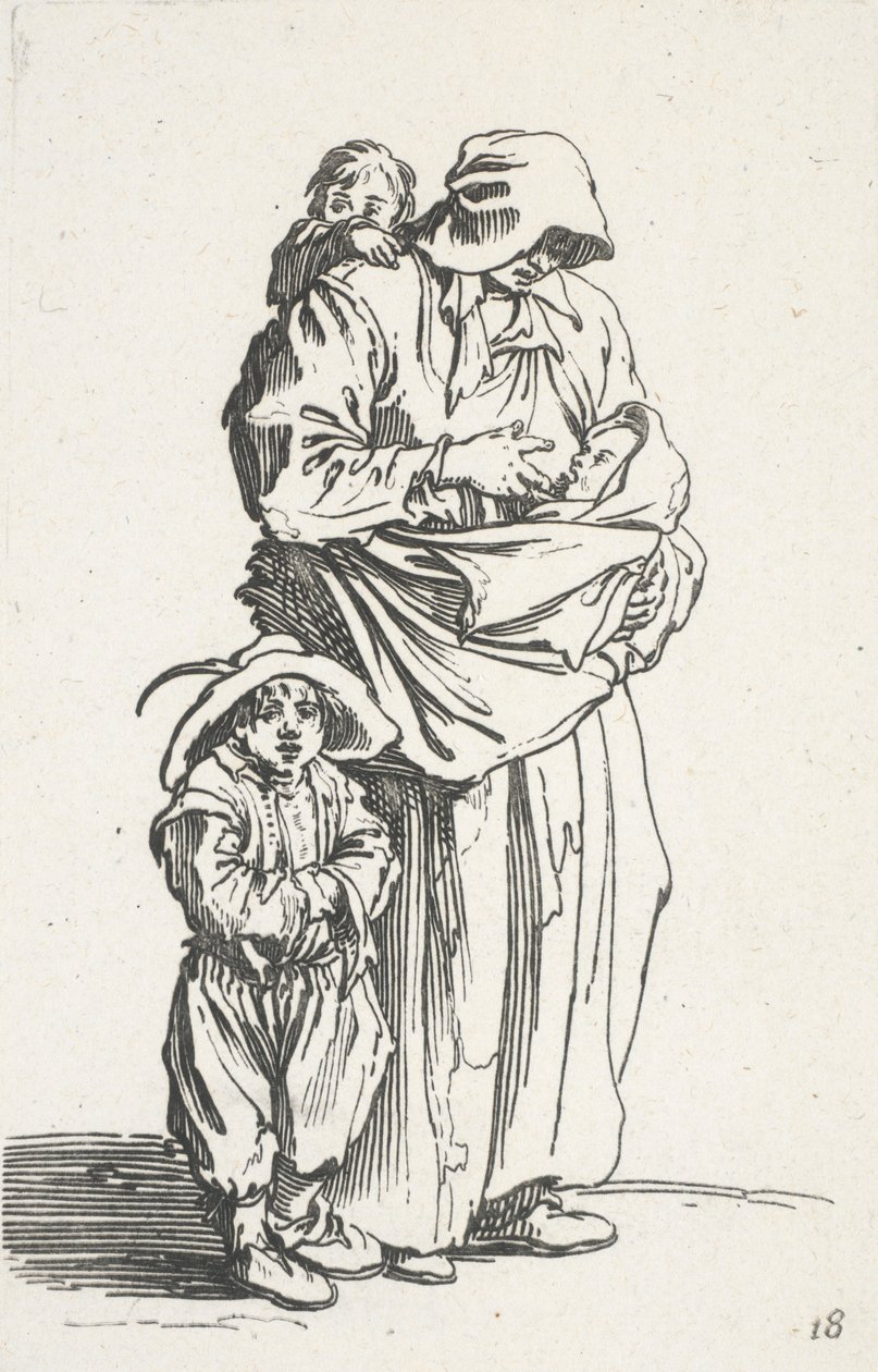 En mor og hennes tre barn, fra The Beggars (La mere et ses trois enfants) av Jacques Callot