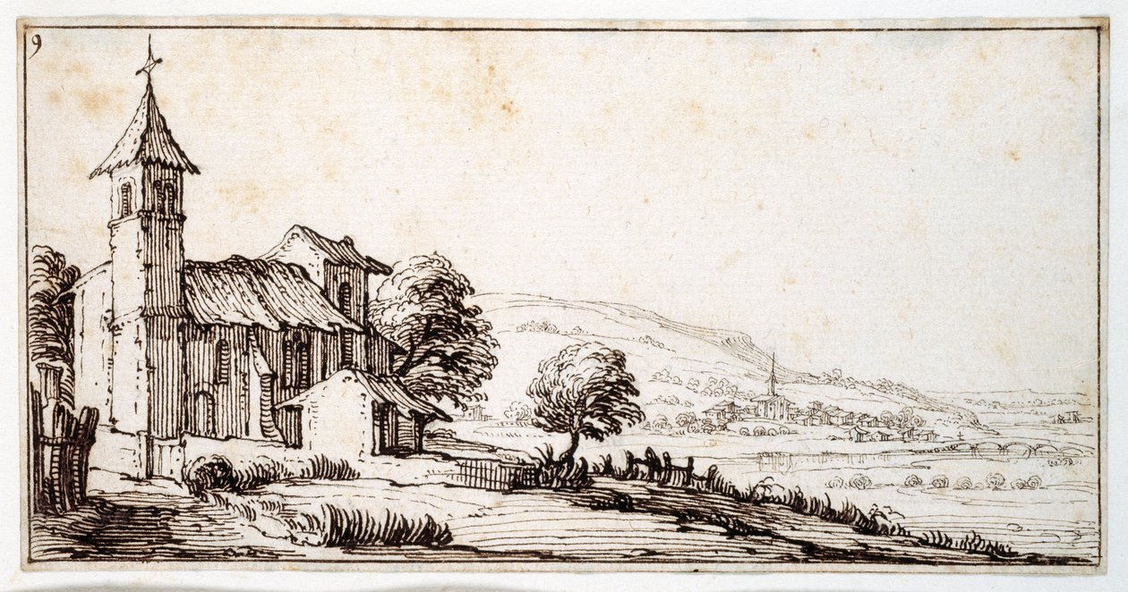 Et elvelandskap nær Nancy, med Maxeville landsbykirke og en annen i mellomdistansen, fra et album som tilhører Israel Silvestre, ca. 1630 (penn og blekk på papir) av Jacques Callot