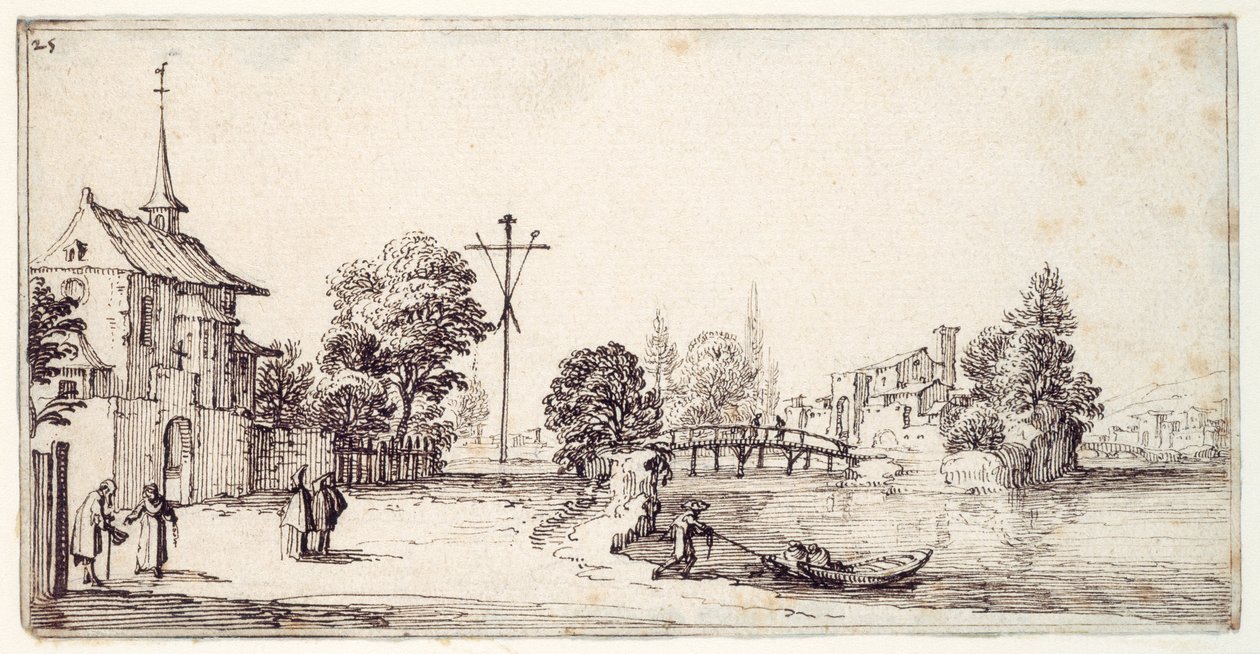En vei langs elvebredden (penn og brunt blekk på papir) av Jacques Callot