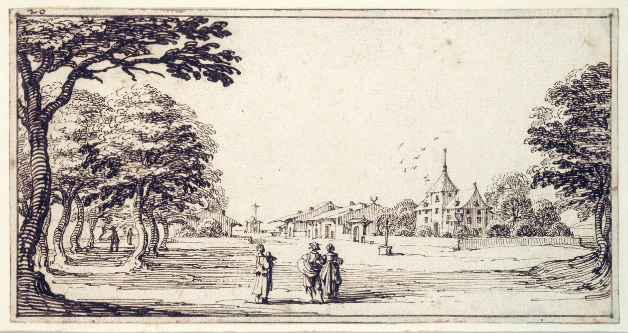 En gate i Bainville-sur-Madon, med Callots hus (penn og brunt blekk på papir) av Jacques Callot