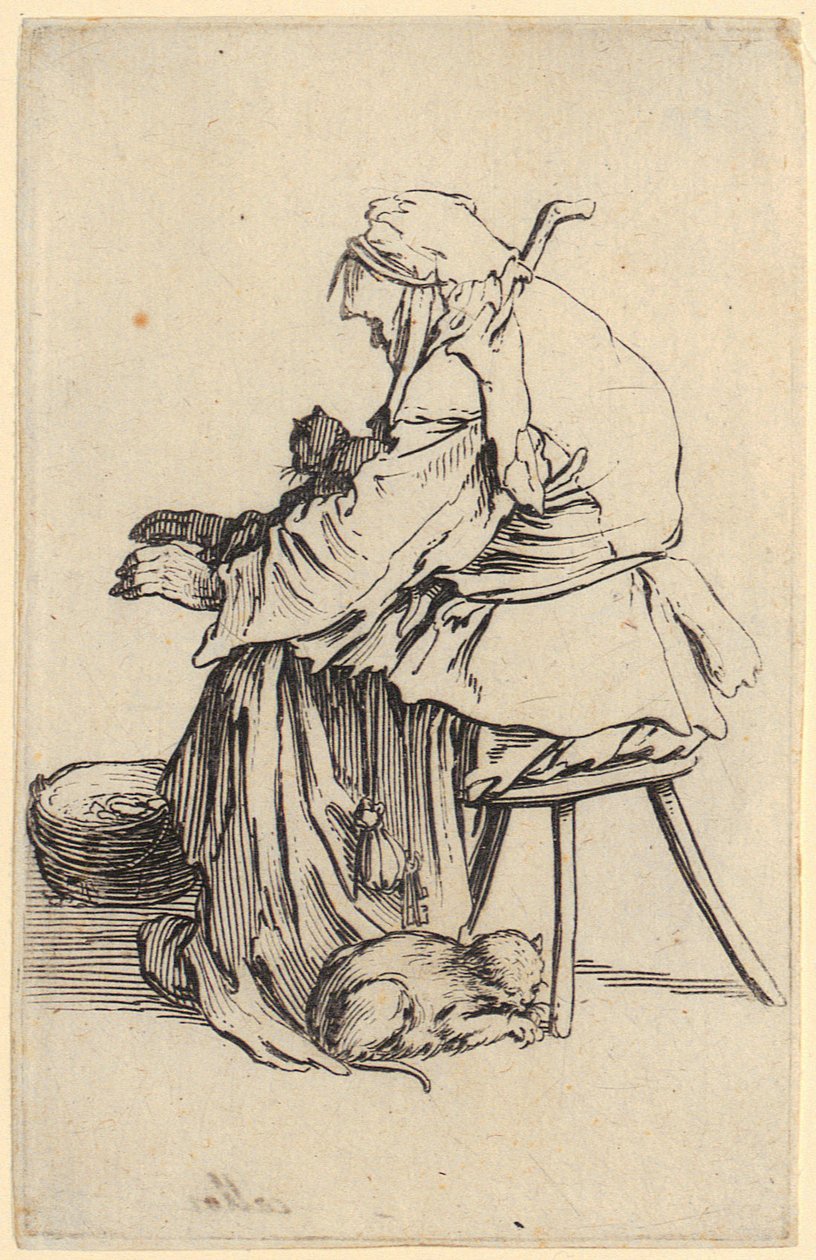 Gammel kvinne med katter, blad 25 fra serien «Tiggerne» av Jacques Callot