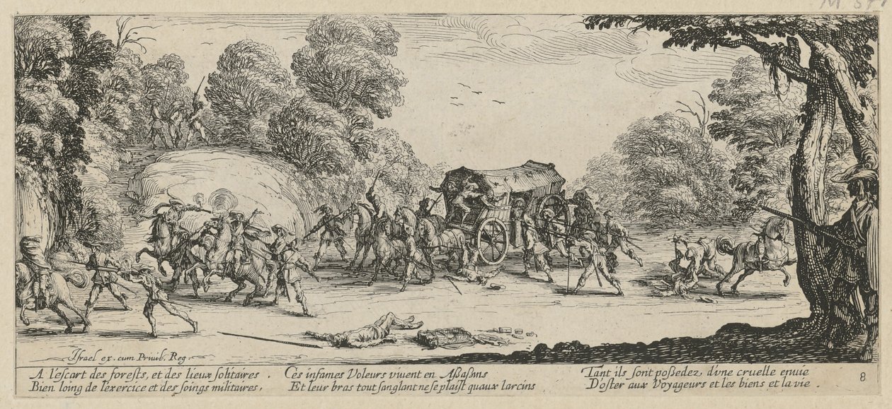 Angrep på en postvogn, blad 8 i serien «Krigens grusomheter» av Jacques Callot