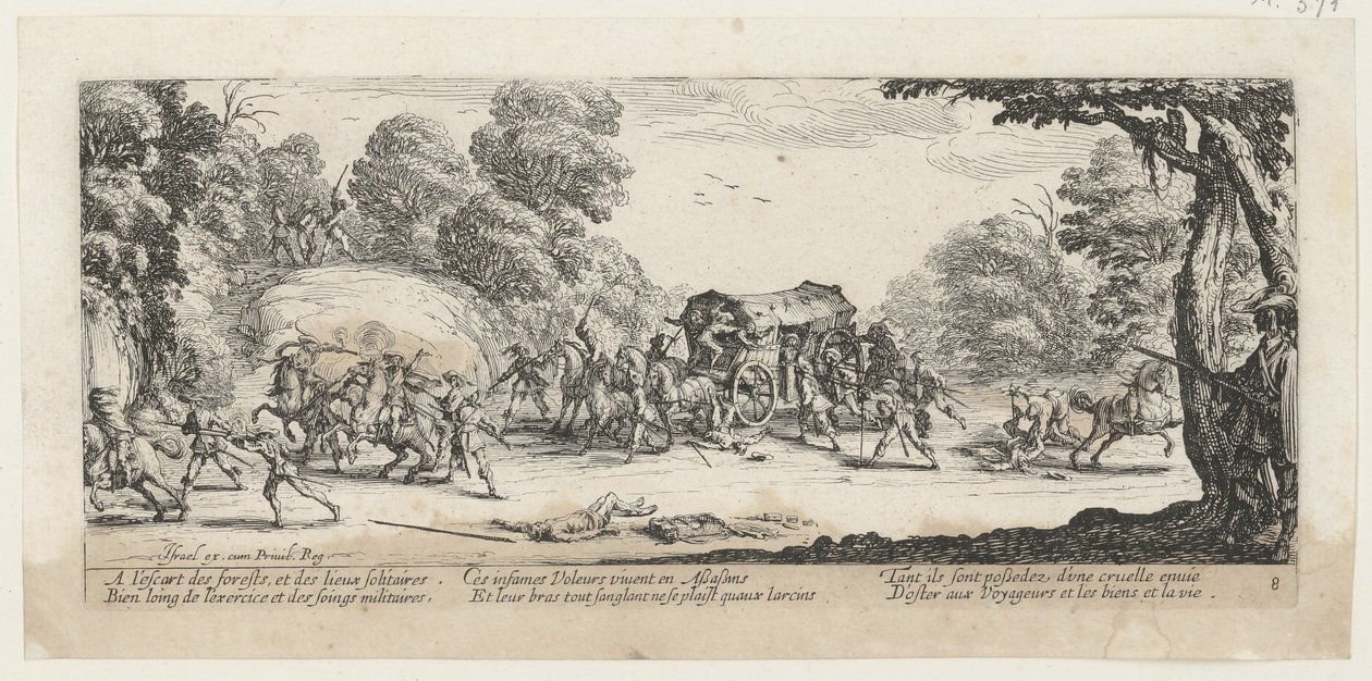 Angrep på en postvogn, blad 8 i serien «Krigens grusomheter» av Jacques Callot