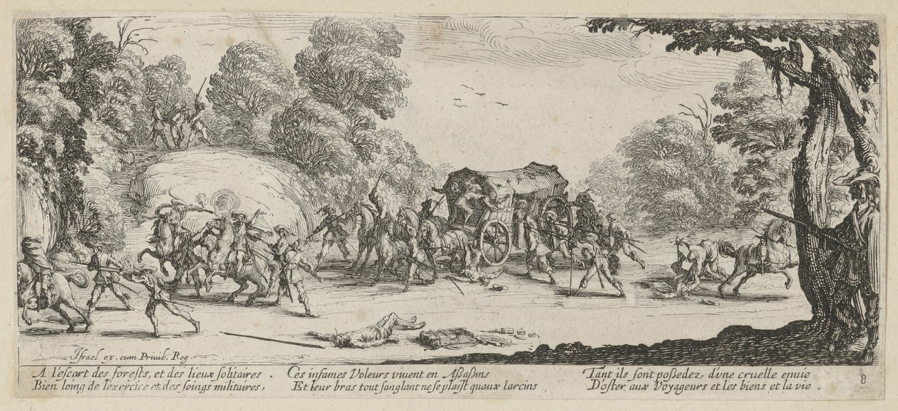 Angrep på en diligence, blad 8 fra serien «Krigens redsler» av Jacques Callot
