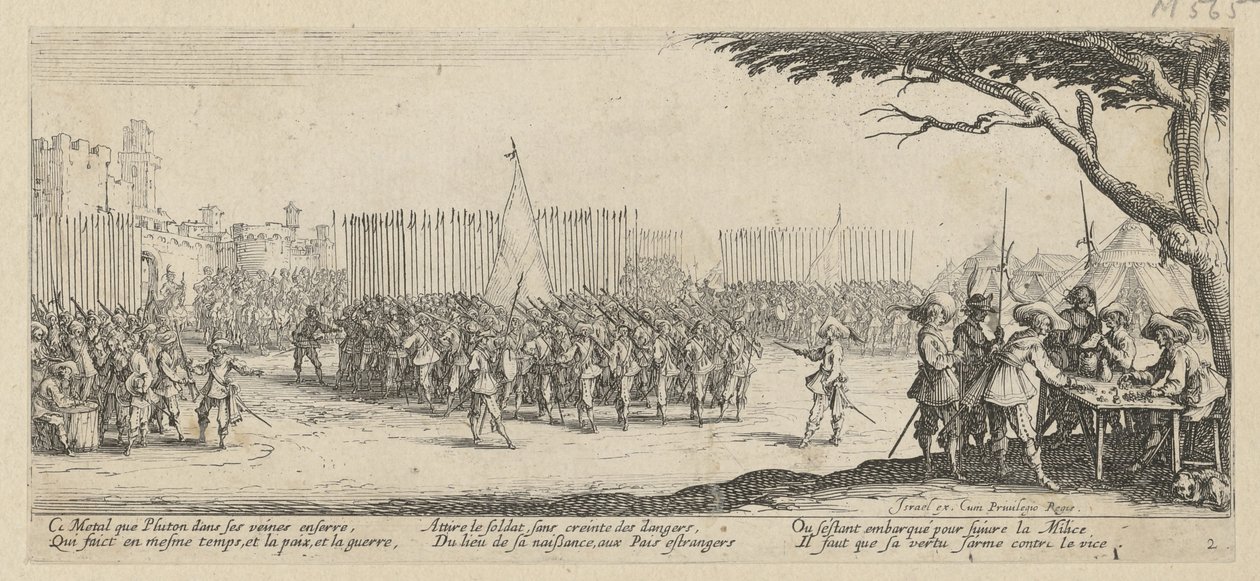 Rekruttering av tropper, side 2 i serien «Krigens grusomheter» av Jacques Callot