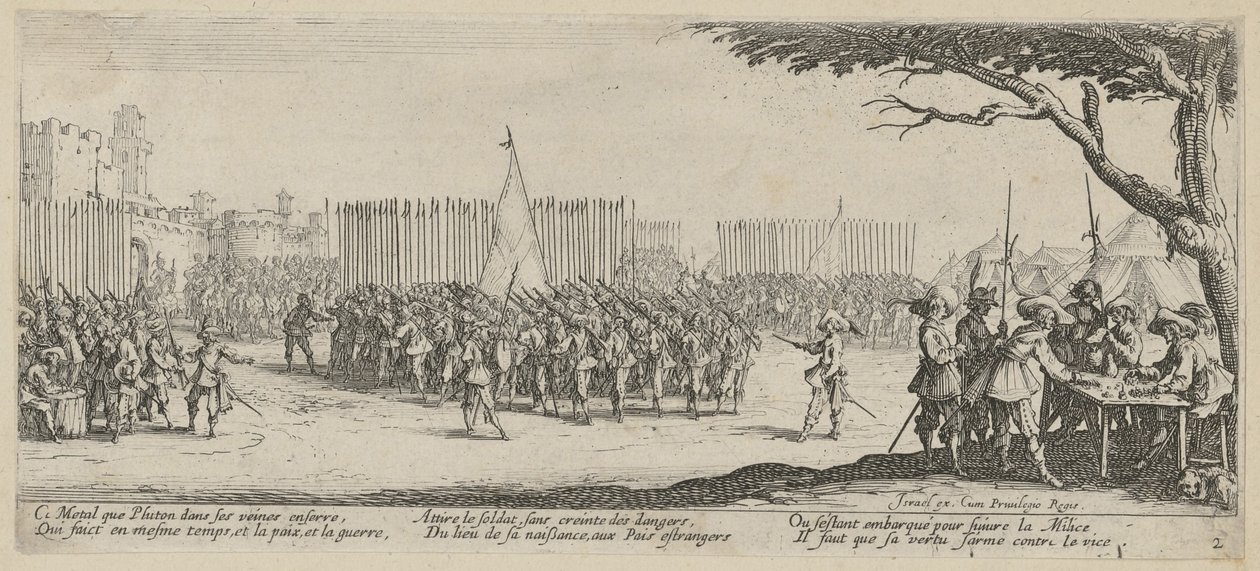 Rekruttering av tropper, blad 2 i serien «Krigens redsler» av Jacques Callot