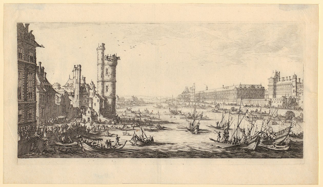 Utsikt over Louvre, blad 1 i serien «De to store utsiktene over Paris» av Jacques Callot