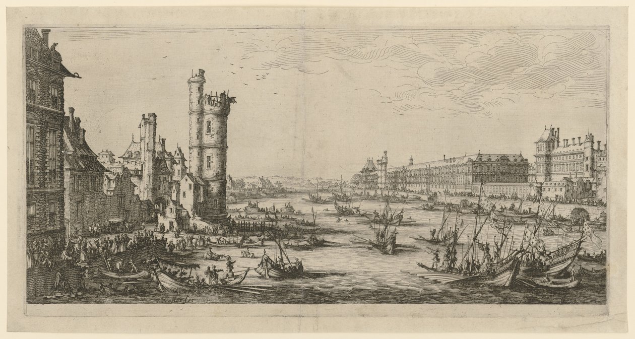 Utsikt over Louvre, blad fra serien «To store utsikter over Paris» av Jacques Callot