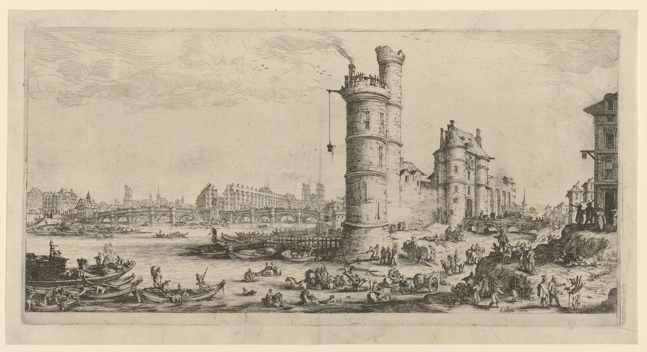 Utsikt over Pont Neuf, blad fra serien «To store utsikter over Paris» av Jacques Callot