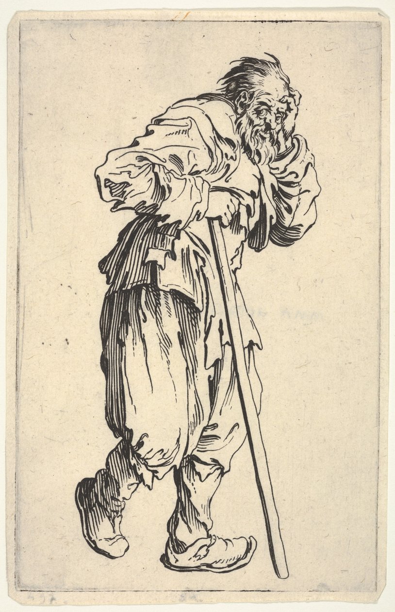 Skjeggete mann kledd i filler, som holder hodet med den ene hånden og en spaserstokk med den andre, fra «Tiggerne» (Les Gueux) av Jacques Callot