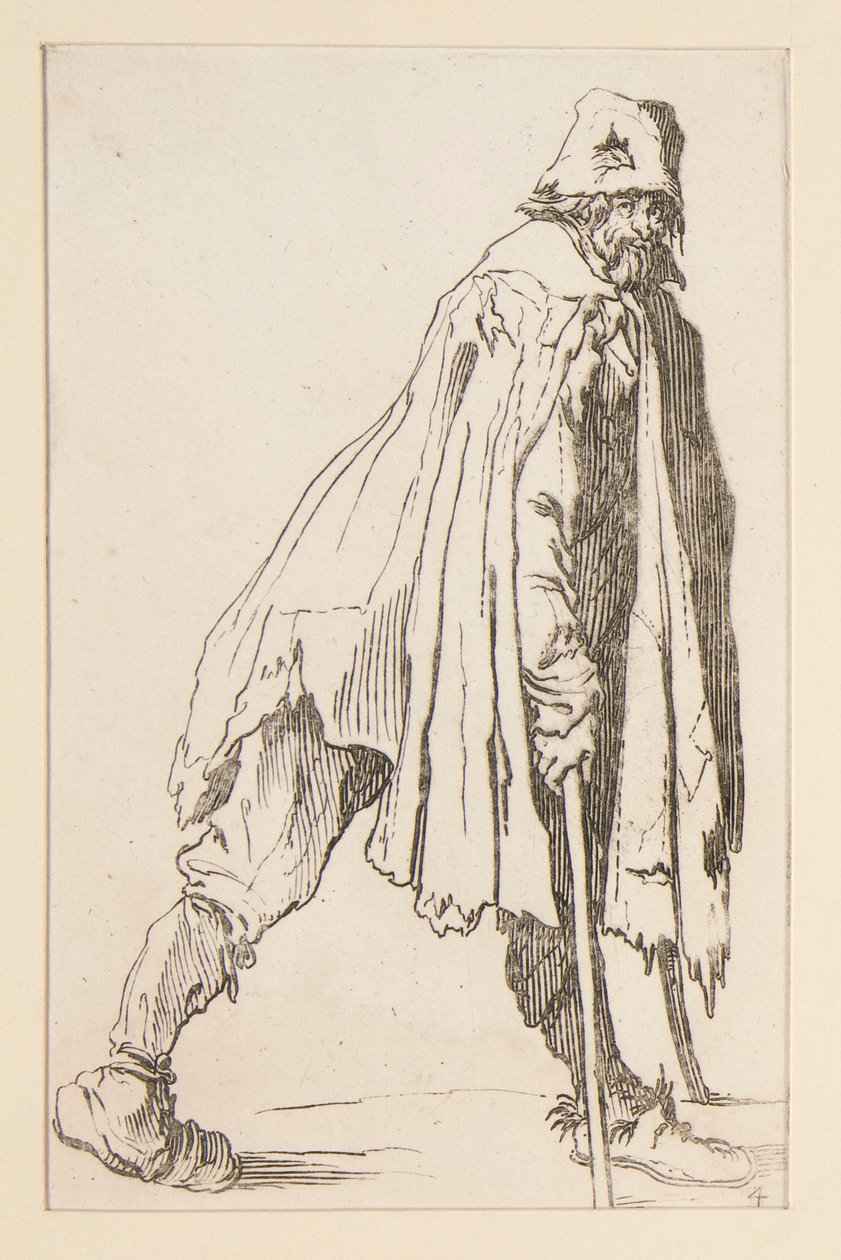 Tigger i lue, på krykker, fra The Beggars. av Jacques Callot