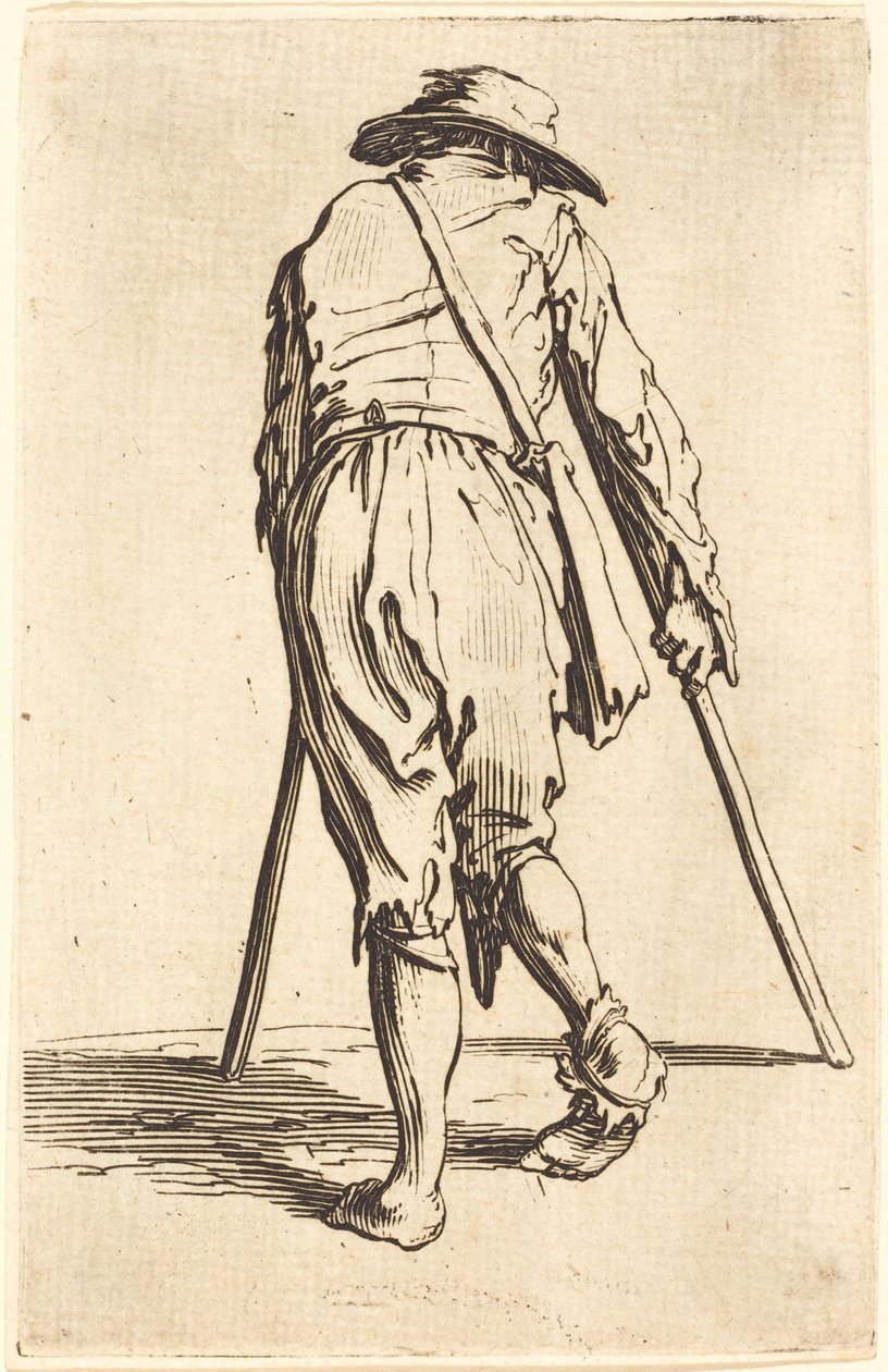 Tigger med krykker og hatt, sett bakfra av Jacques Callot