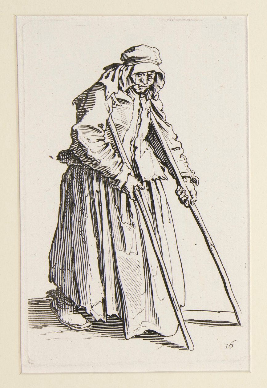Tiggerkvinne på krykker, fra The Beggars (La mendiante aux bequilles) av Jacques Callot