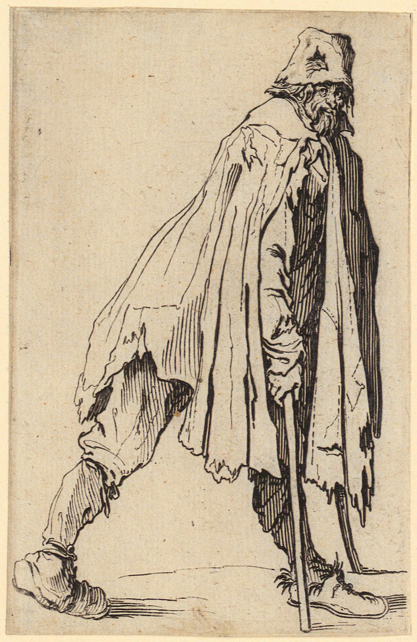 Tigger med krykker og hatt, ark 4 fra serien «Tiggerne» av Jacques Callot