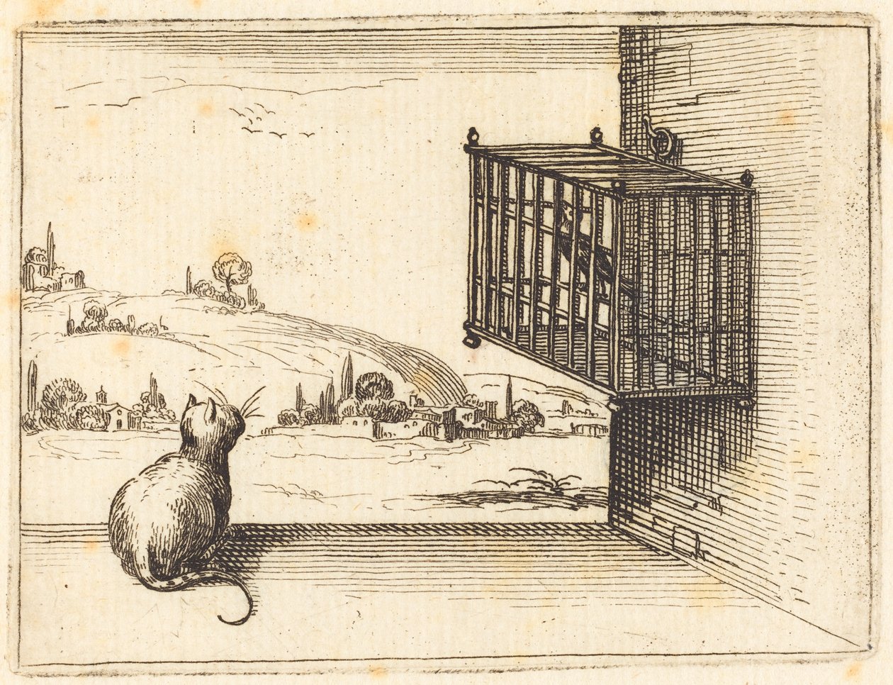 Katt som ser på en fugl i bur av Jacques Callot