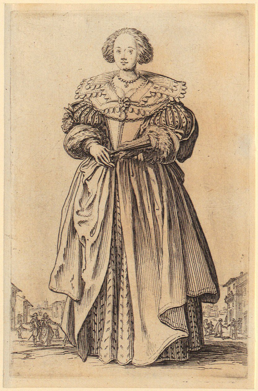 Dame med vifte, blad 9 fra serien «Adelen» av Jacques Callot