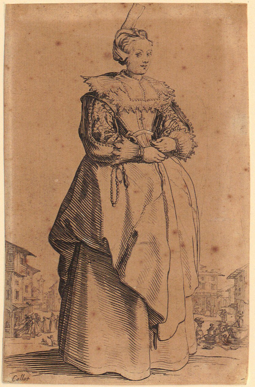 Dame med hodepryd, tavle 1 fra serien «Adelen» av Jacques Callot