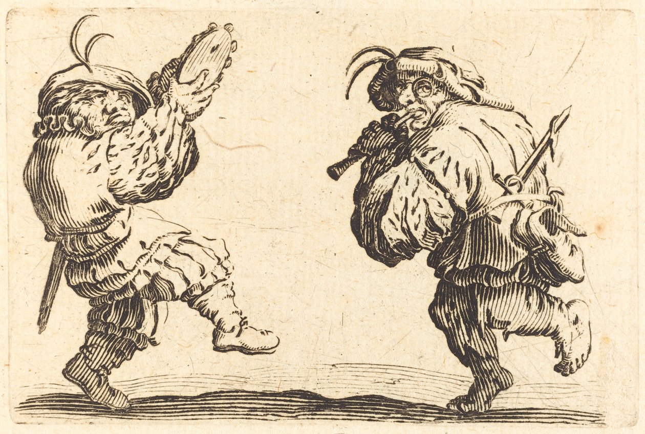 Dansere med fløyte og tamburin, ca. 1622. av Jacques Callot