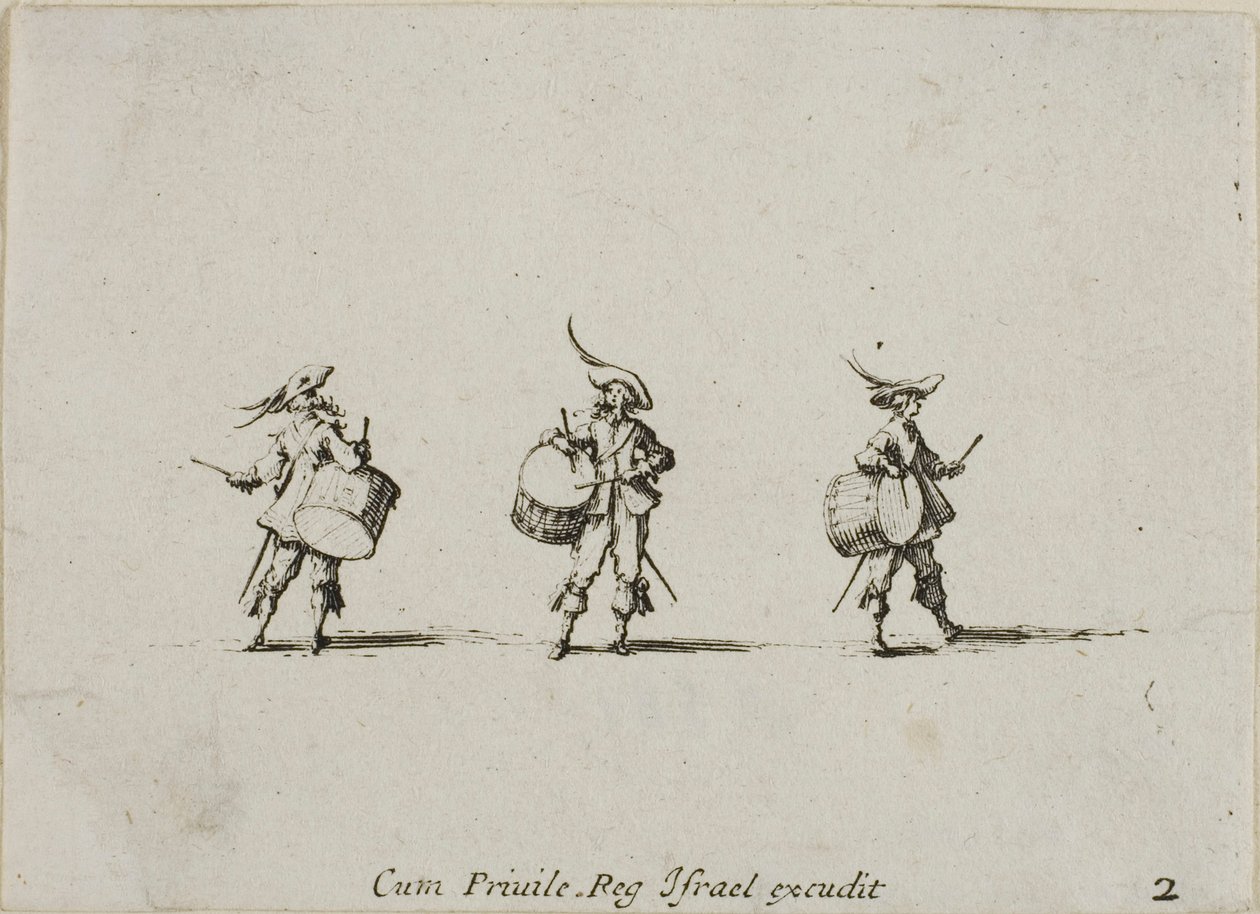 Drill med trommer, plate to fra The Military Exercises av Jacques Callot