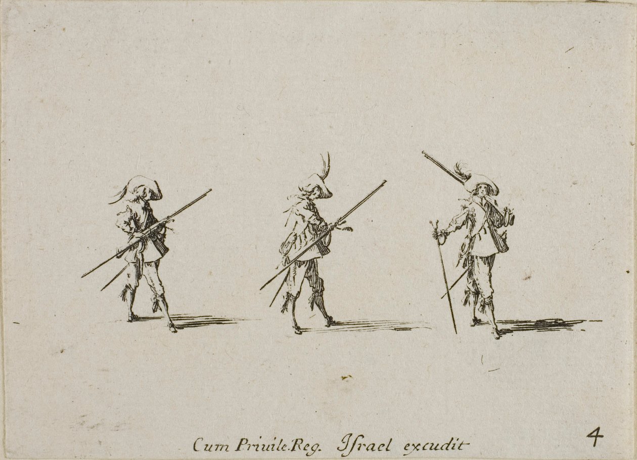 Drill med musketten, tallerken fire fra The Military Exercises av Jacques Callot
