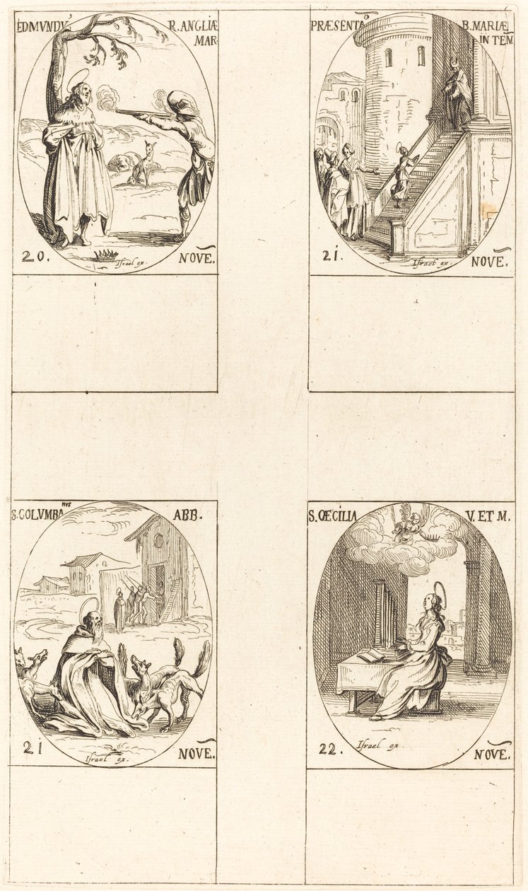 Edmund, konge av England, martyr, presentasjon av jomfruen, St. Columba, St. Cecil. av Jacques Callot