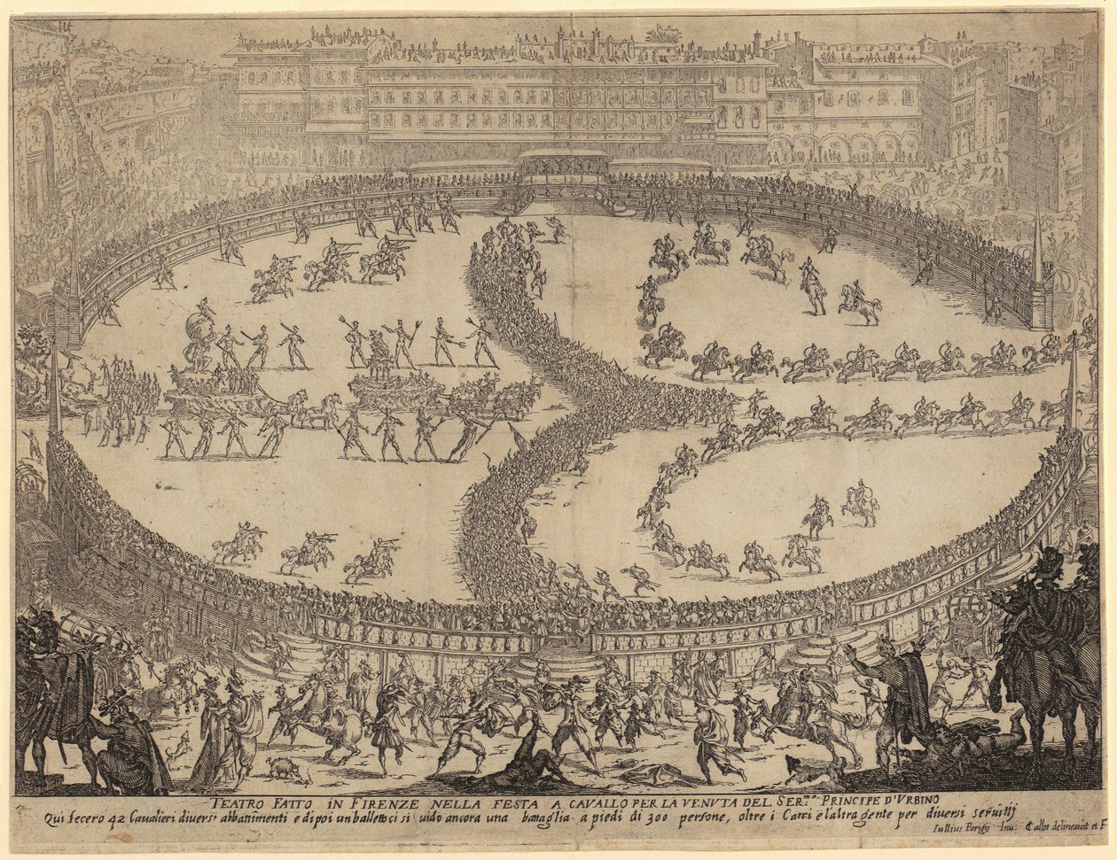 Ankomsten av vognene og paraden med infanteriet og kavaleriet på Piazza Santa Croce i Firenze til ære for prinsen av Urbino, blad 6 i serien «Skjønnhetens krig» av Jacques Callot
