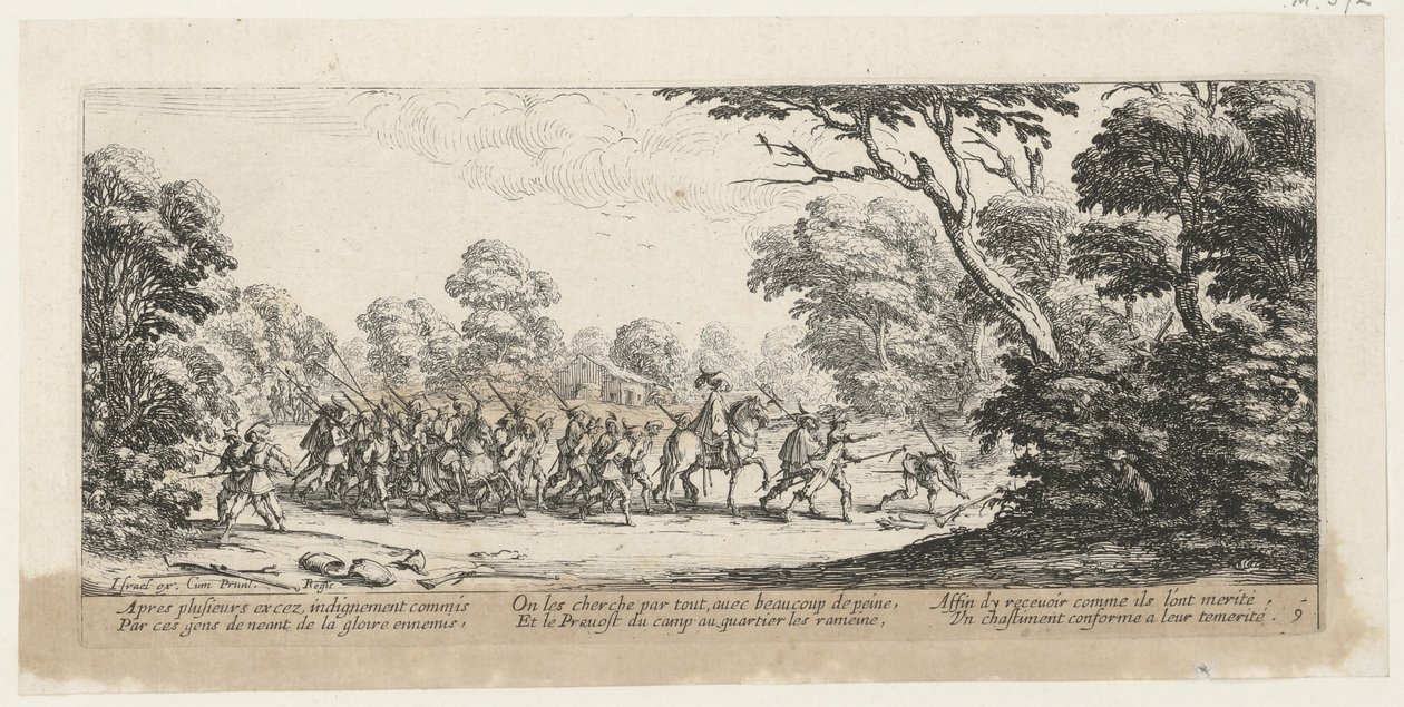 Oppdagelsen av forbryterne, side 9 i serien «Krigens grusomheter» av Jacques Callot