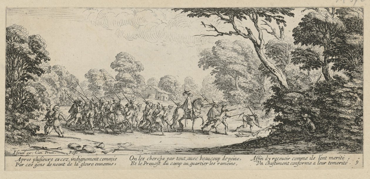 Oppdagelsen av forbryterne, side 9 i serien «Krigens grusomheter» av Jacques Callot