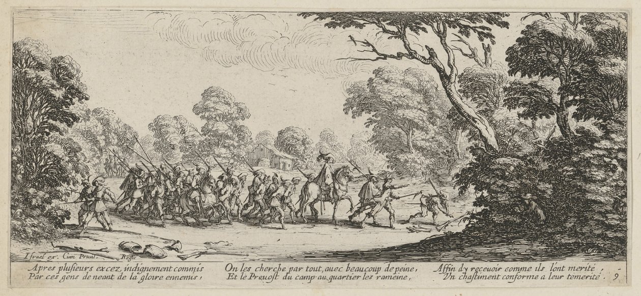 Oppdagelsen av forbryterne, side 9 i serien «Krigens grusomheter» av Jacques Callot