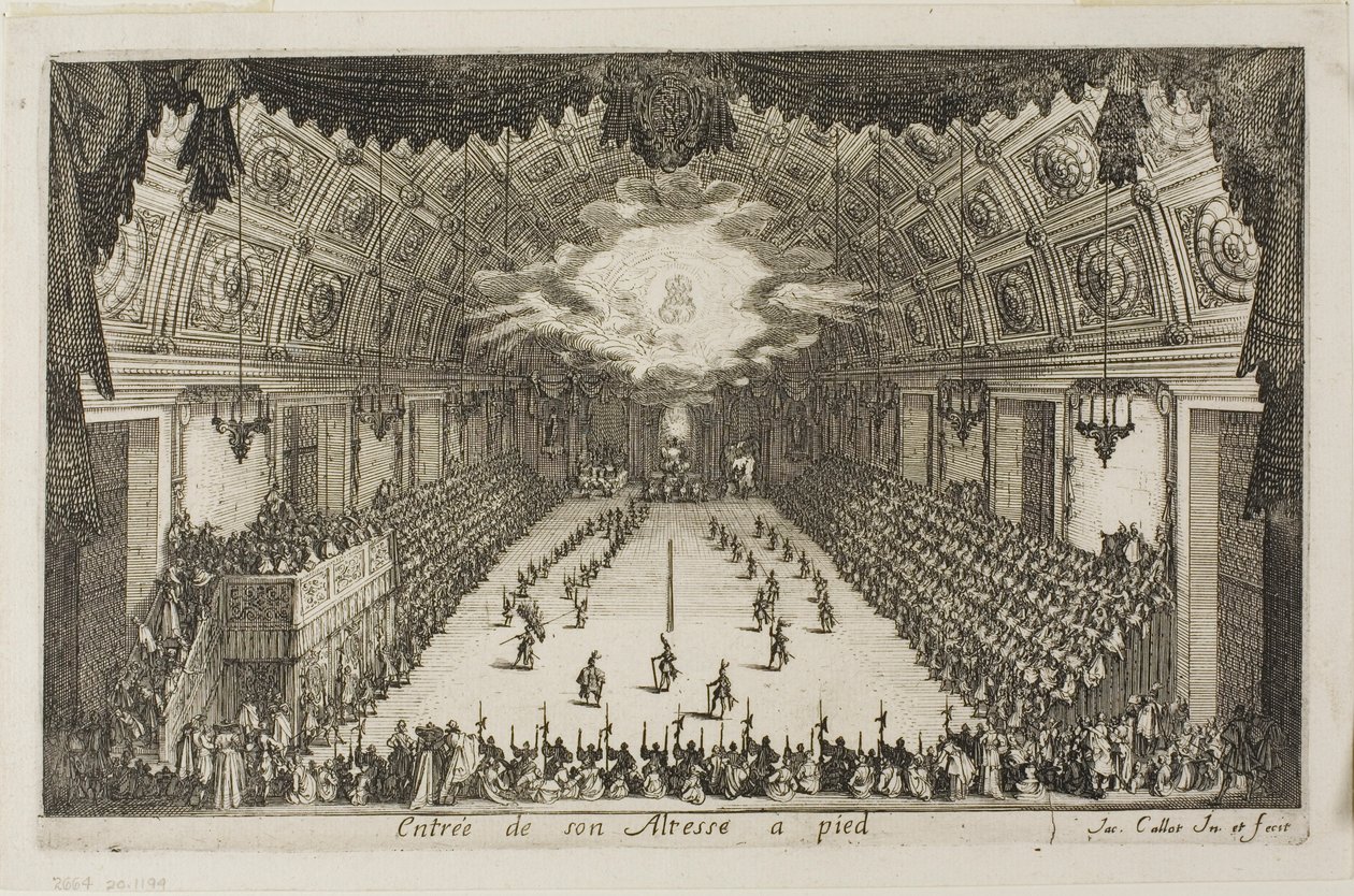 Entry of His Highness on Foot, fra The Combat at the Barrier av Jacques Callot