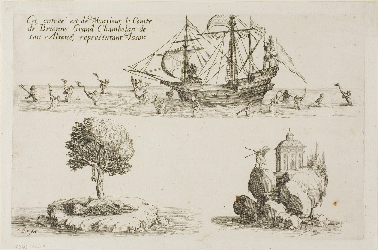 Inntreden av M. le Comte de Brionne, Storkammerherre av Hans Høyhet, som representerer Jason, fra The Combat at the Barrier av Jacques Callot
