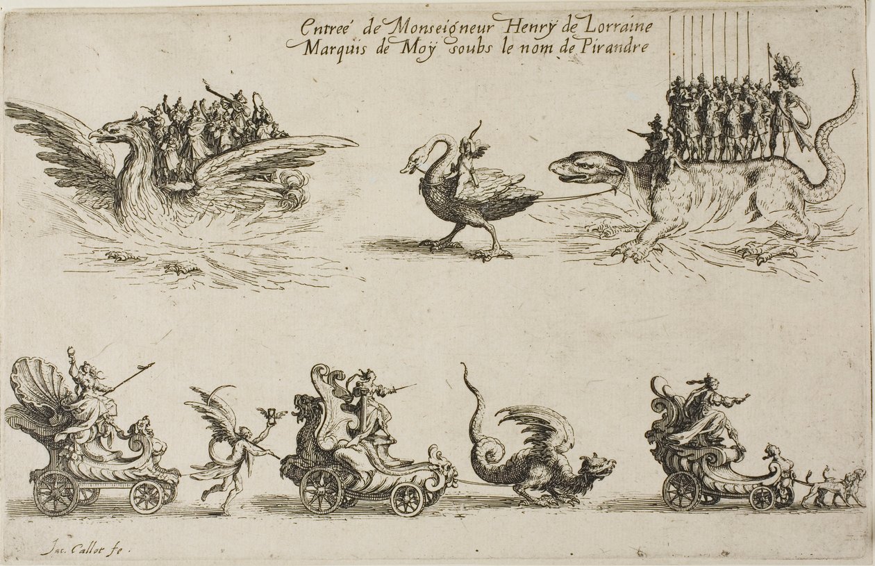 Inntreden av Monseigneur Henry de Lorraine, Marquis de Moy, under navnet Pirandre, fra The Combat at the Barrier av Jacques Callot