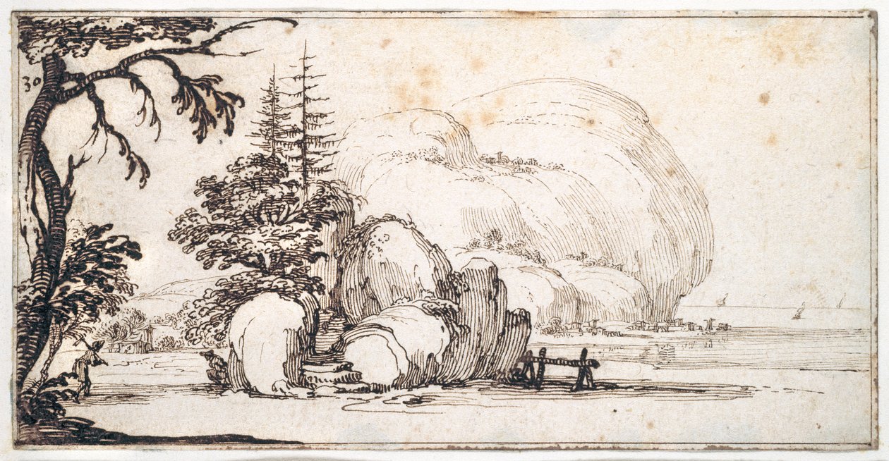 Fantastiske steiner ved kysten, bygninger ved kysten (penn og brunt blekk på papir) av Jacques Callot