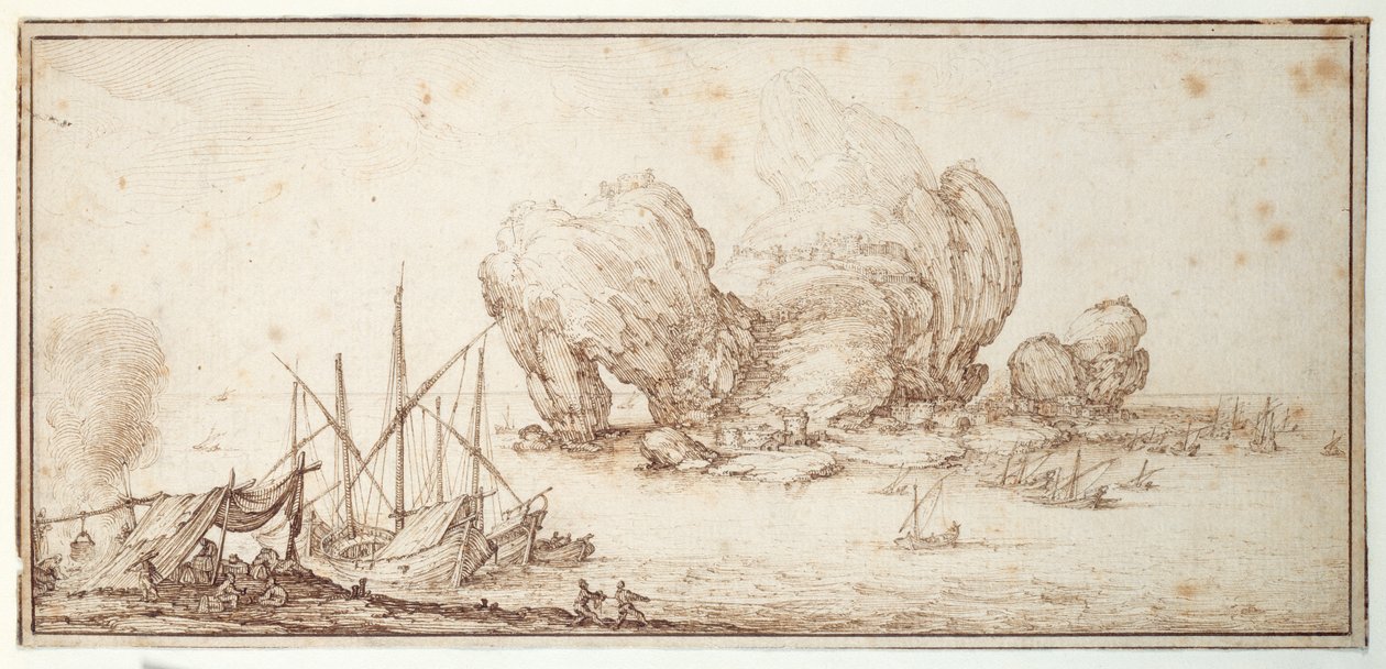 Fantastiske steiner, befestet. Shipping. Mariners bivuakk i syne av fartøyet deres (Le Grand Rocher) (penn og blekk på papir) av Jacques Callot