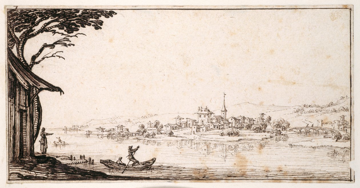 Ferge en passasjer over en elv til en liten by koblet med en bro til et slott (penn og brunt blekk på papir) av Jacques Callot