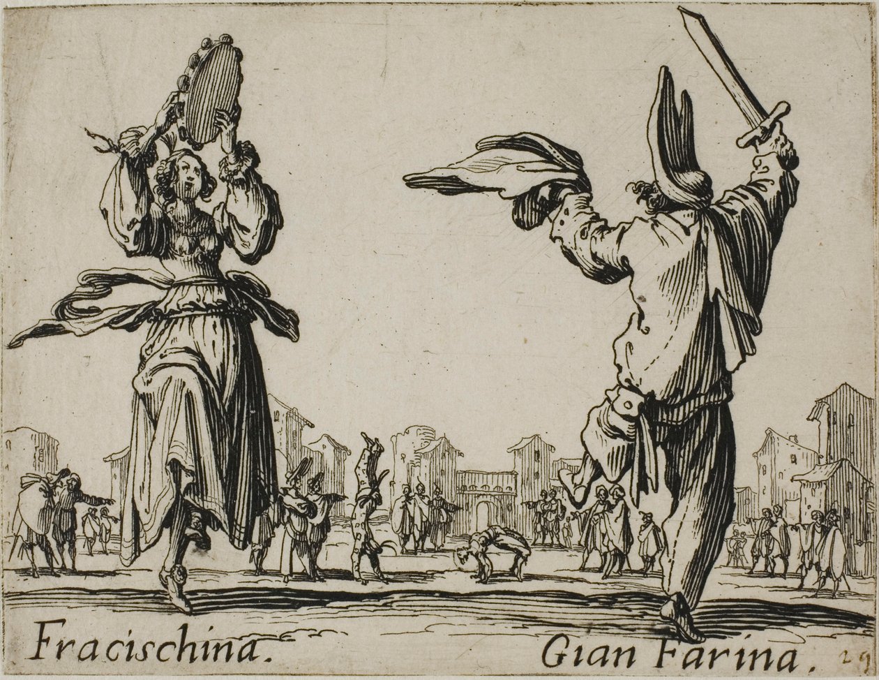 Fracischina - Gian Farina, tallerken 17 fra Balli di Sfessania av Jacques Callot