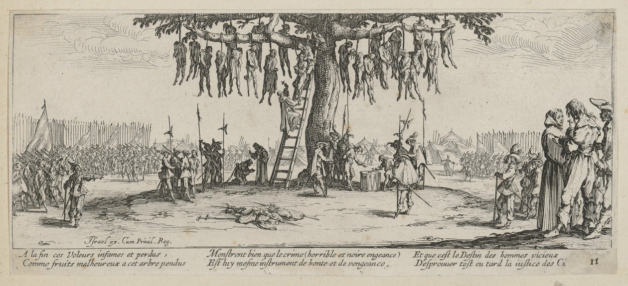 Oppheng, ark 11 i serien «Krigens gråtoner» av Jacques Callot