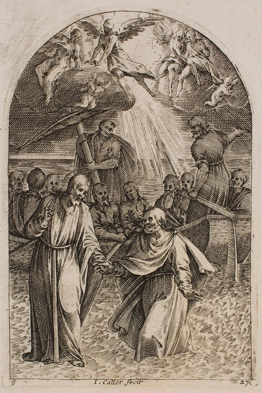 Jesus og Sankt Peter går på vannet, fra serien «Bilder fra Roma» av Jacques Callot