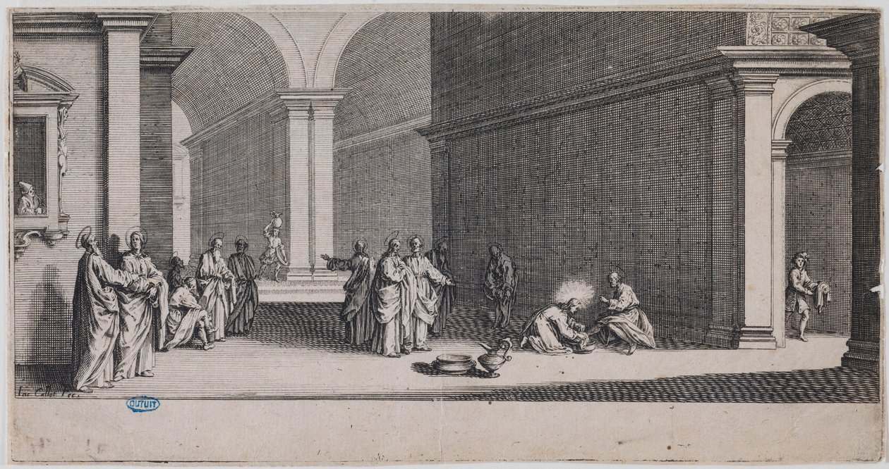 Den store pasjonen, Fotvaskingen. Første blad i en serie på 7 blad (Lieure 281, Meaume 12) av Jacques Callot