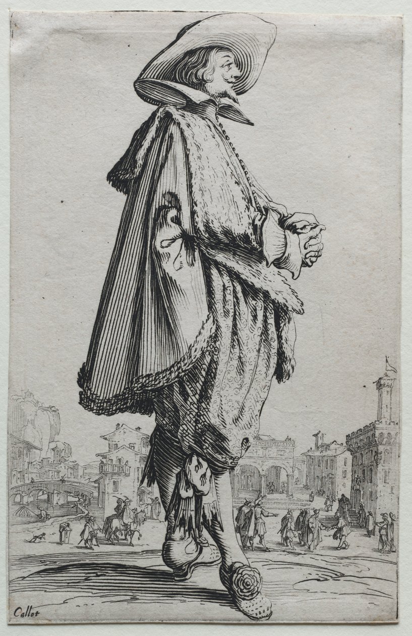 La Noblesse: Gentleman som står i profil med knepne hender av Jacques Callot