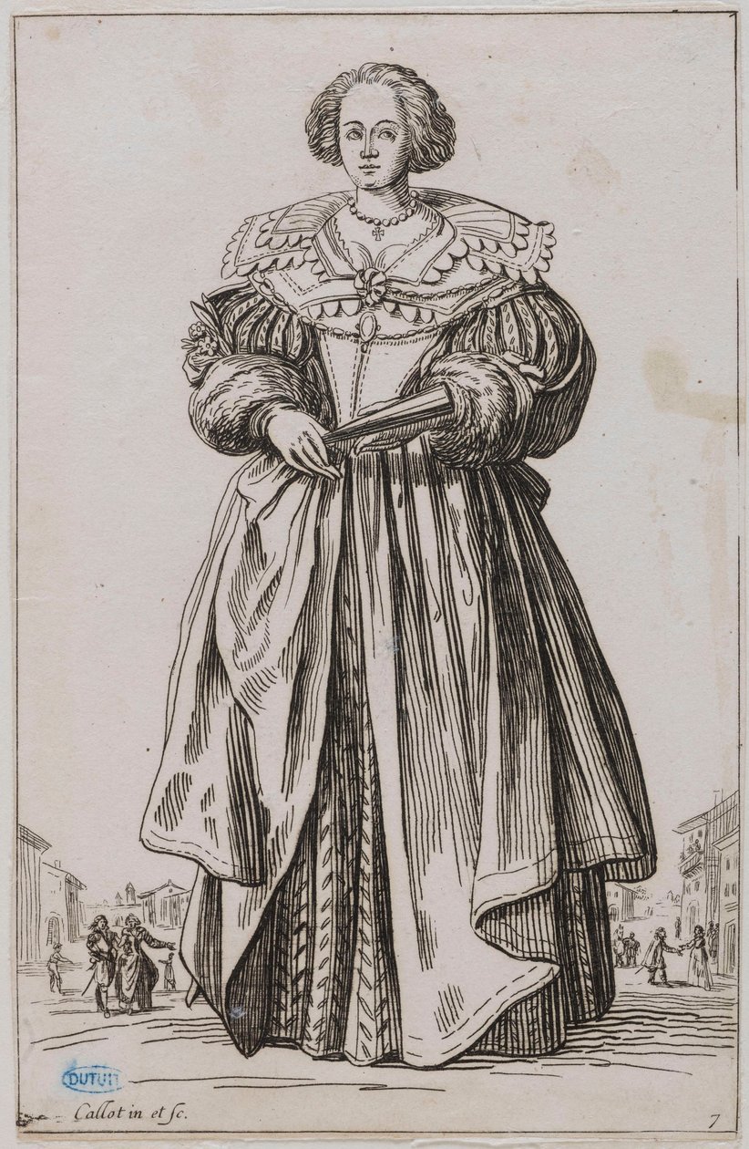 Adelen, Damen med viften. Niende nummer i en serie på 12 blad (Lieure 557, Meaune 683) av Jacques Callot