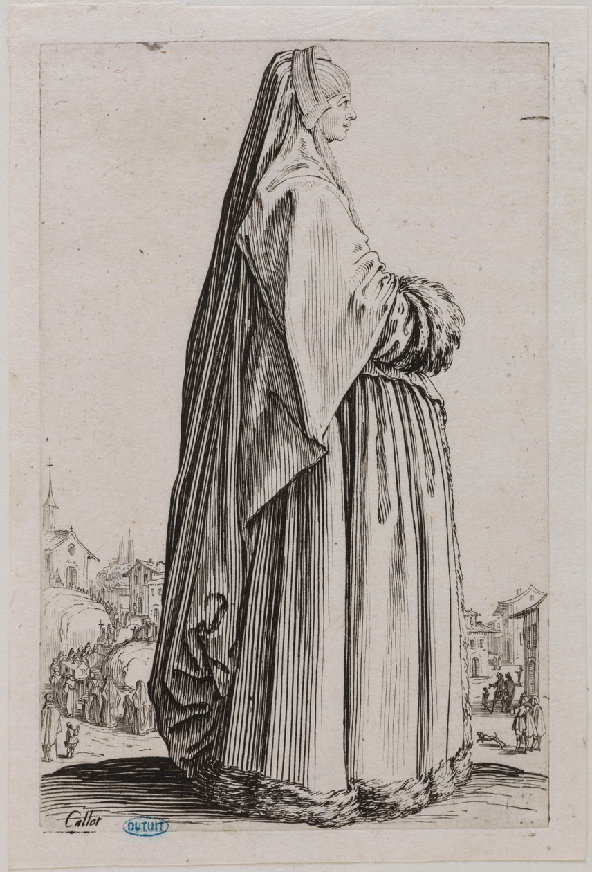 Adelen, damen med et stort slør og en pelskantet kjole. Femte nummer i en serie på 12 blad (Lieure 553, Meaume 679) av Jacques Callot