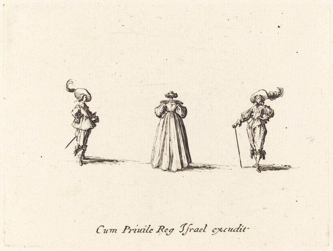 Lady sett bakfra, og to herrer, sannsynligvis 1634. av Jacques Callot