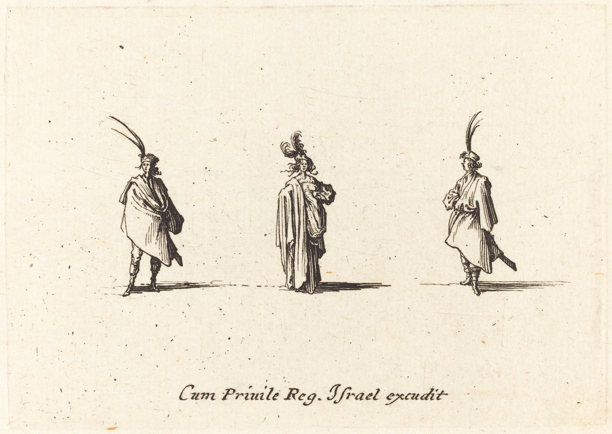 Dame i lang kappe, og to herrer av Jacques Callot