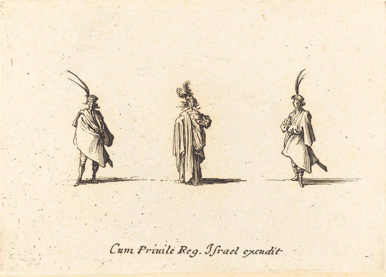 Dame i lang kappe, og to herrer av Jacques Callot