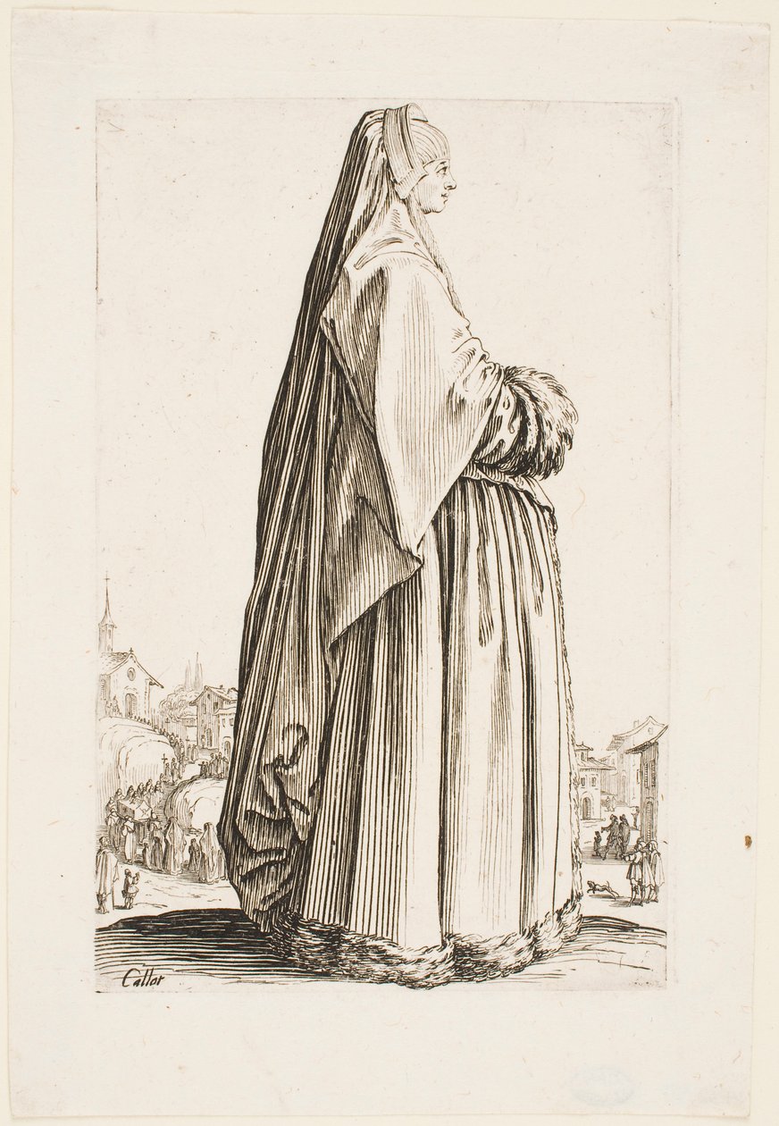 Dame i et langt slør og en pelsklippet kjole, fra serien «The Nobility of Lorraine» av Jacques Callot